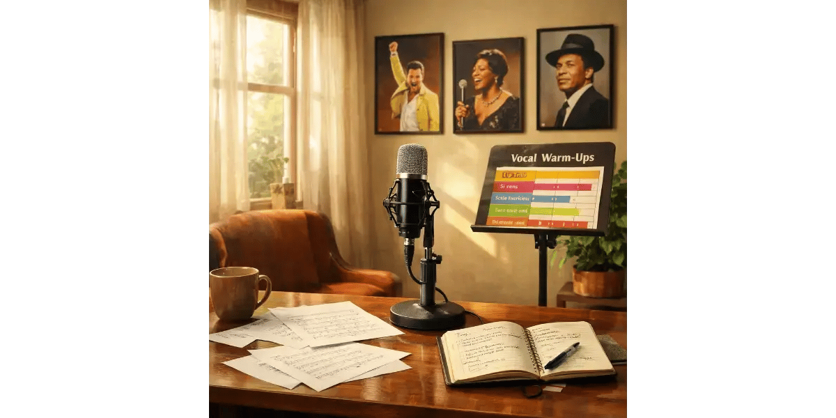 A cozy home practice space with a vintage microphone, representing learning how to sing from scratch
