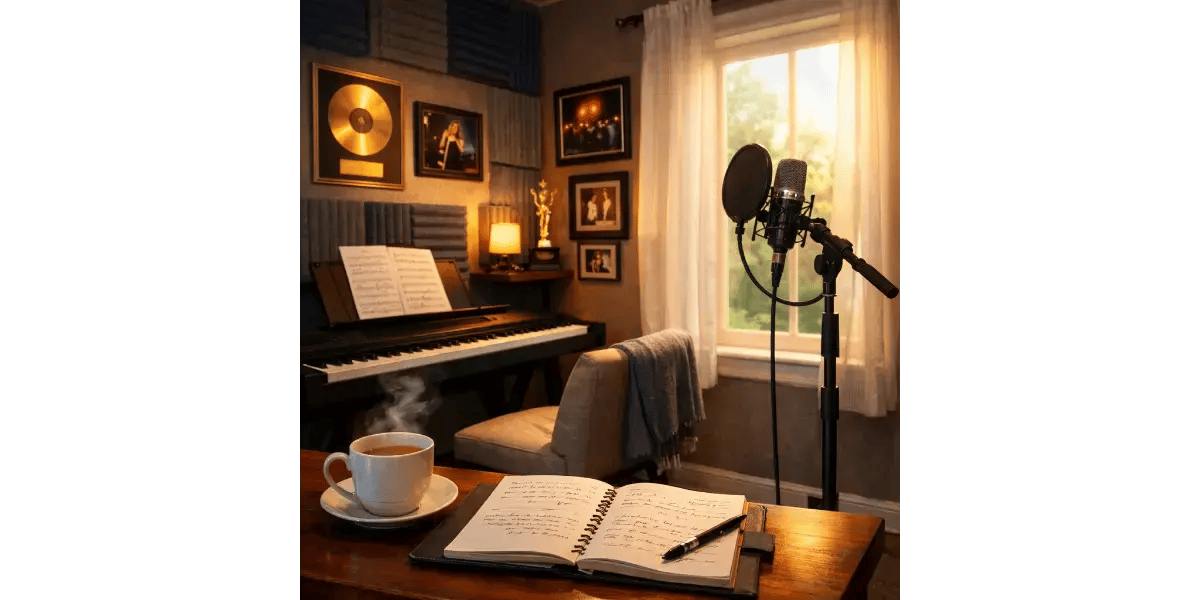 A cozy music practice room with a microphone and piano, representing the journey of learning to sing.