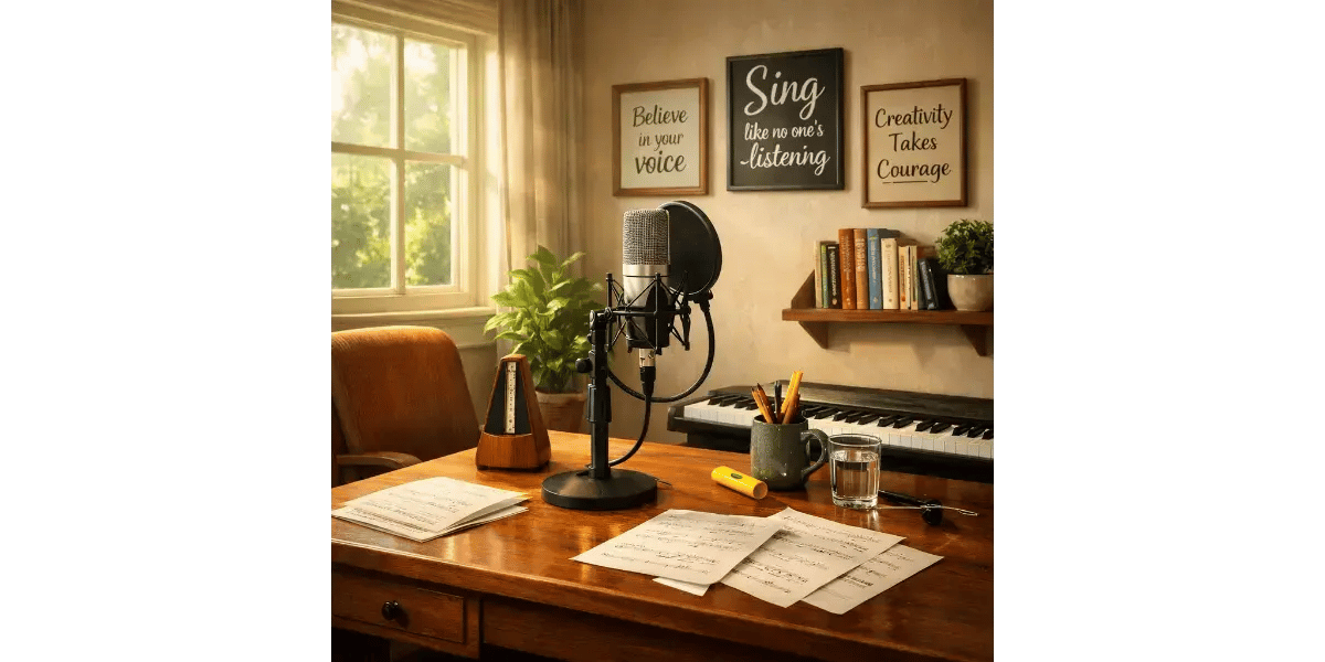 A home studio setup with a microphone on a desk, ready for practicing exercises from a quick singing lesson.