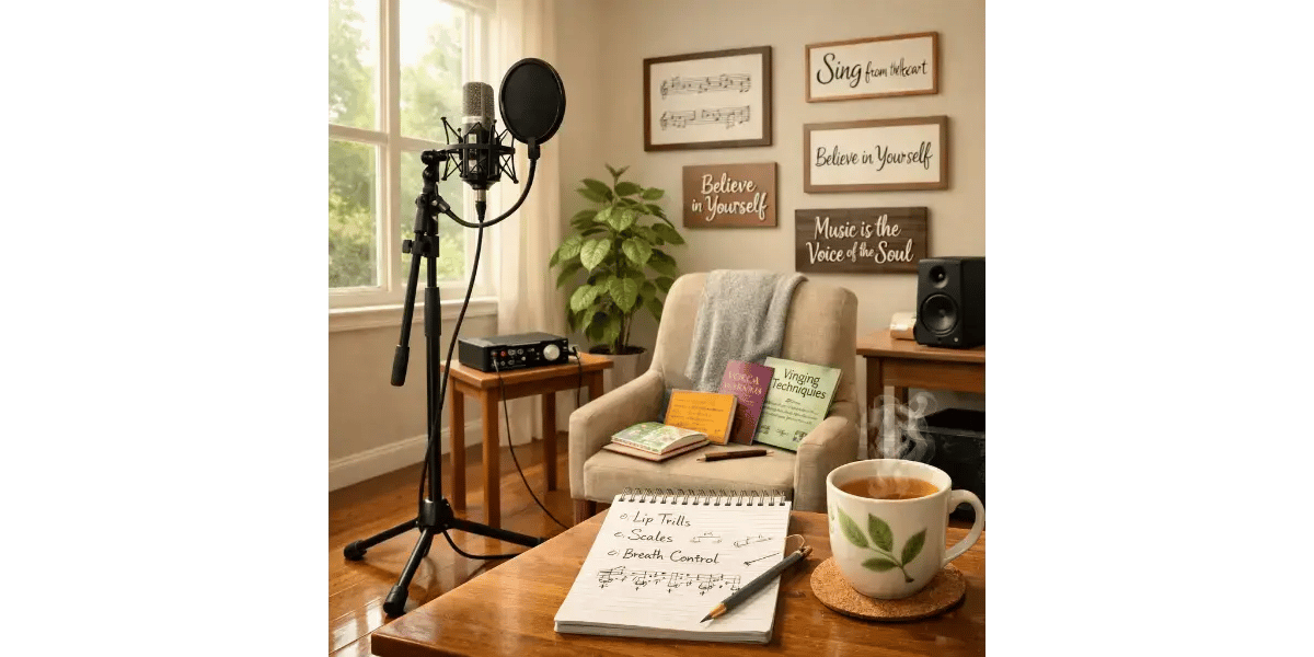 A microphone setup in a comfortable room, creating an inviting space for singers to practice daily vocal warm-up routines.