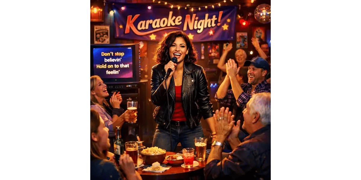A confident singer performing on stage at a karaoke night, representing the ultimate guide to the best karaoke songs for every voice.