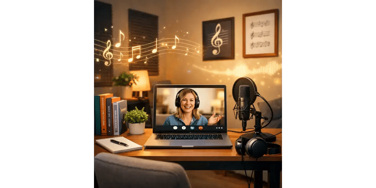 A student taking an online voice lesson via video call in a comfortable home studio setup.