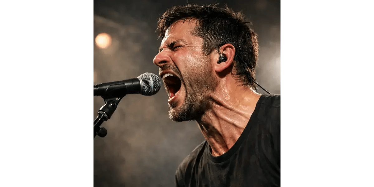 A male vocalist singing intensely into a microphone, demonstrating the vocal power and edge of the pharyngeal voice.
