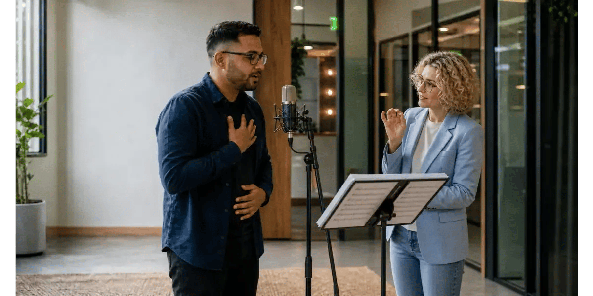 A vocal coach encouraging a student during a singing lesson, illustrating the process of learning and overcoming negative thoughts.