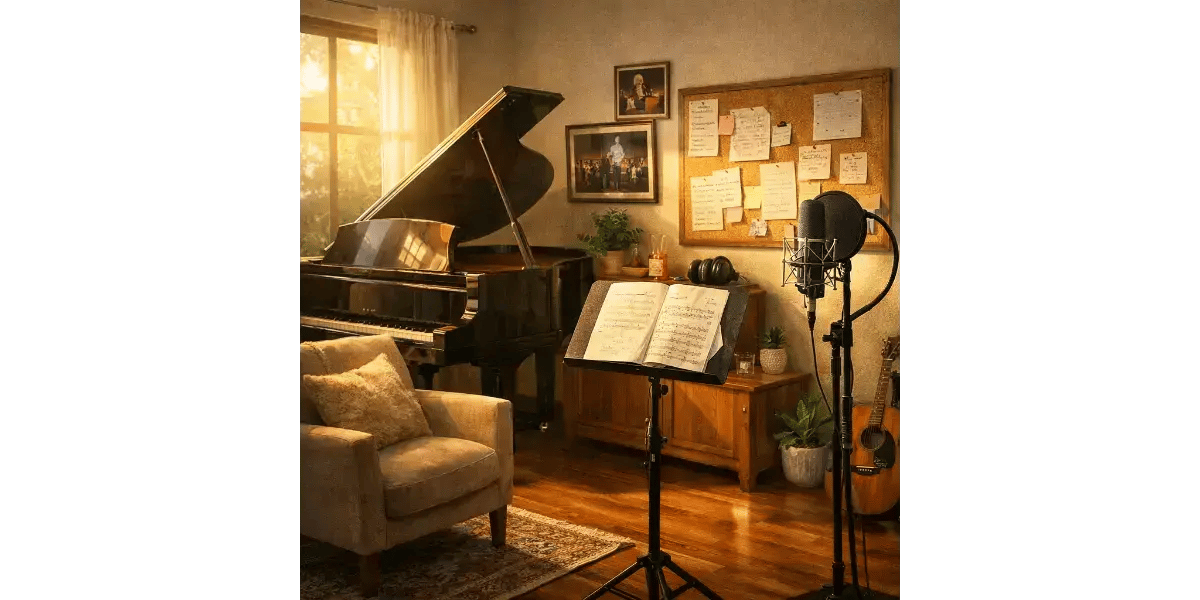 A home music studio with a piano and microphone set up for vocal practice and building a consistent singing routine.