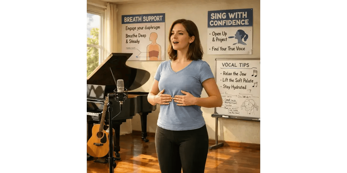 A vocal coach demonstrating proper breath support and rib expansion for safe vocal projection.