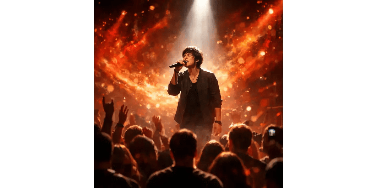 A vocalist singing with emotion and genuine connection during a live stage performance, demonstrating strong stage presence.