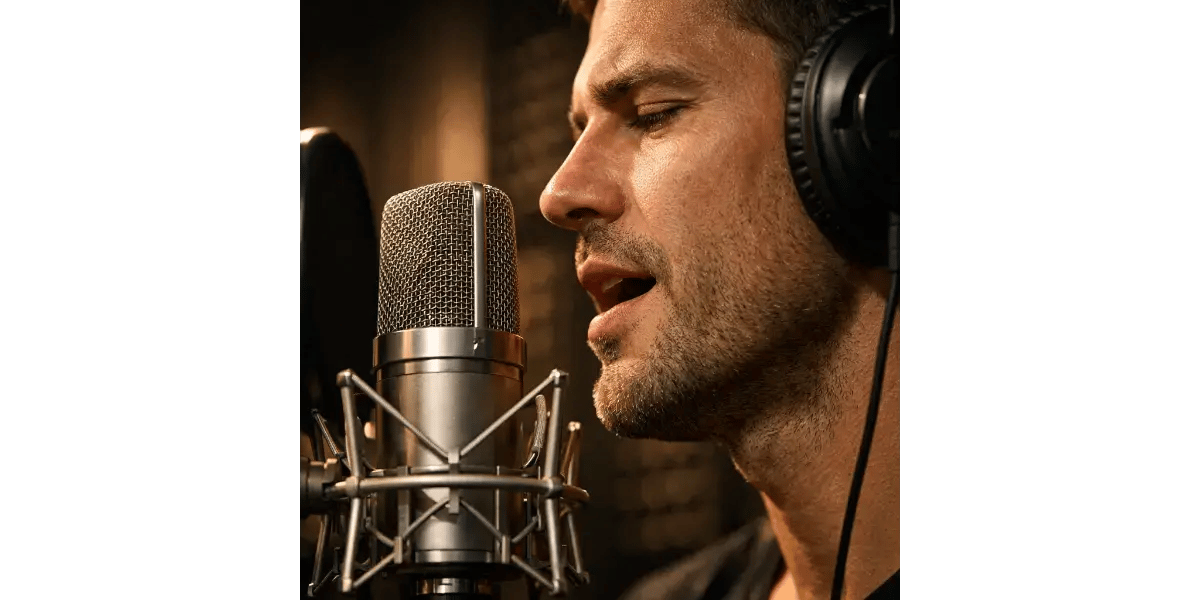 A male singer practicing coordinated falsetto and vocal technique into a studio microphone.