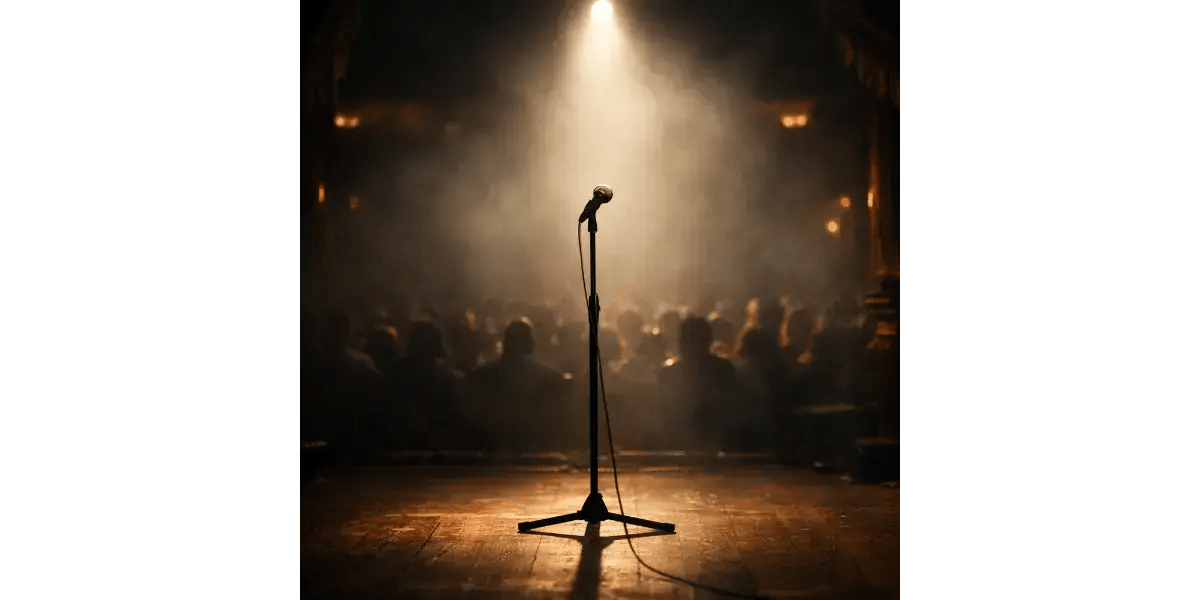 An empty stage with a microphone in a dramatic spotlight, representing vocal performance and stage presence.