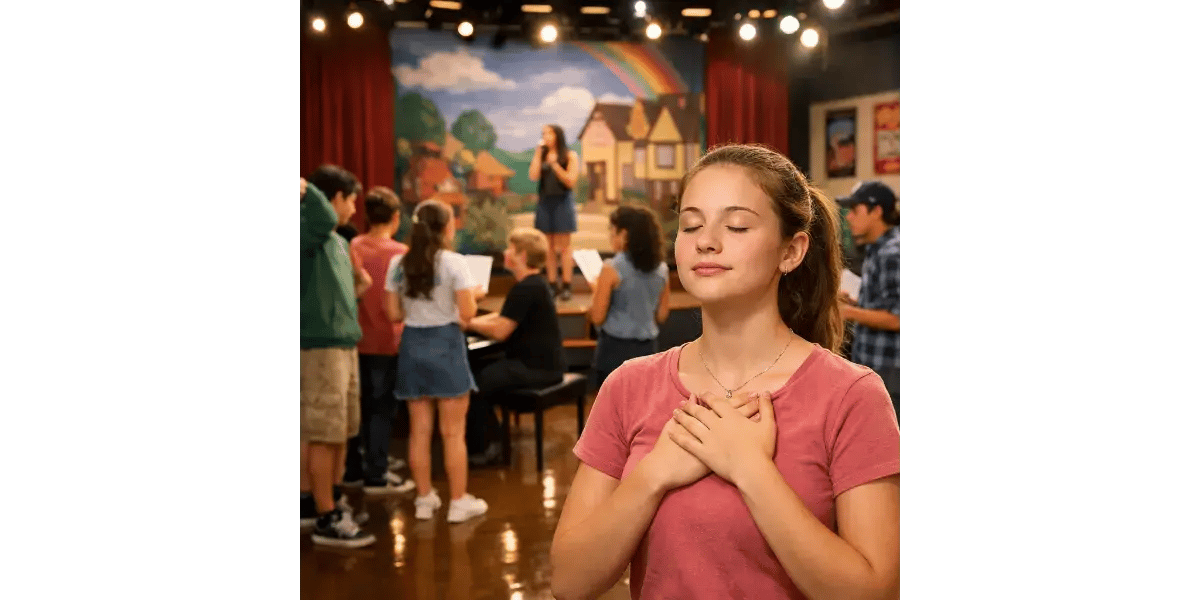 A teenage girl confidently performing a song at a high school musical audition.