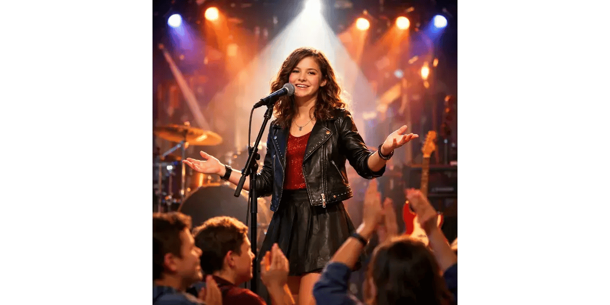 A confident teen singer performing on stage, representing the power of overcoming stage fright and building performance confidence.