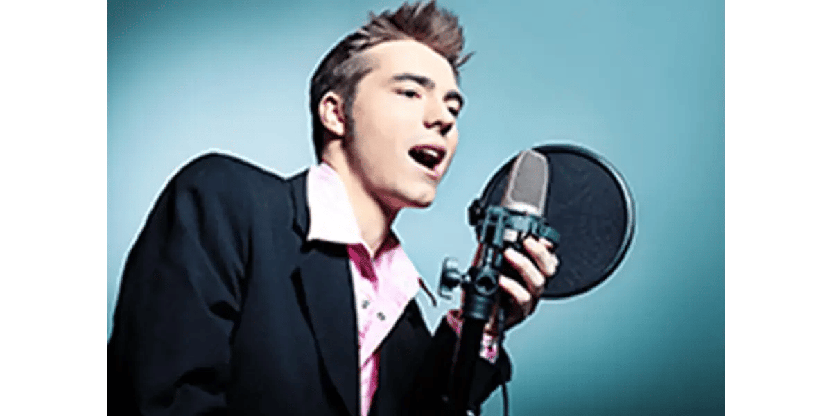 A split image showing a singer recording in a studio next to an innovative vocal coach, representing the Steve Jobs of the voice training industry.