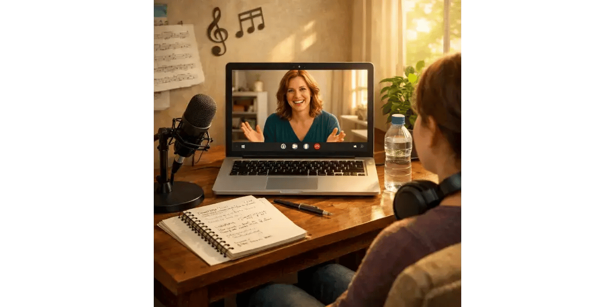 A student taking an online singing lesson via video call on a laptop, illustrating how to prepare for virtual voice lessons.