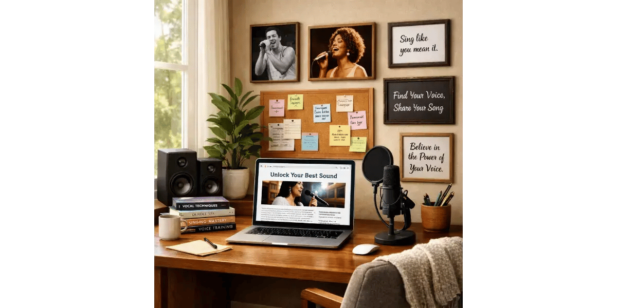 A home vocal recording studio setup with a microphone and laptop for practicing singing and voice exercises.