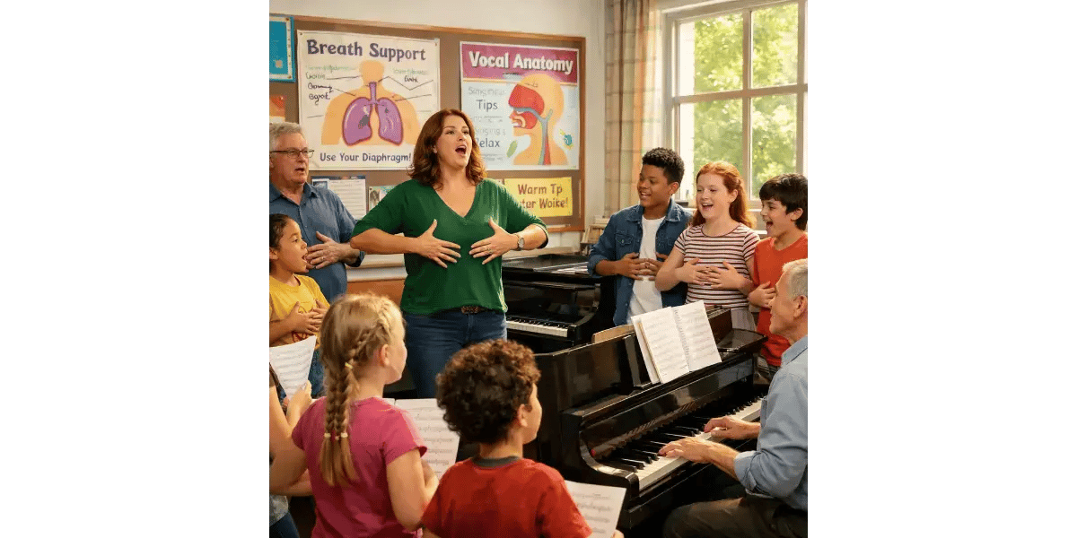 A music teacher leading a beginner group voice lesson while playing an acoustic guitar.