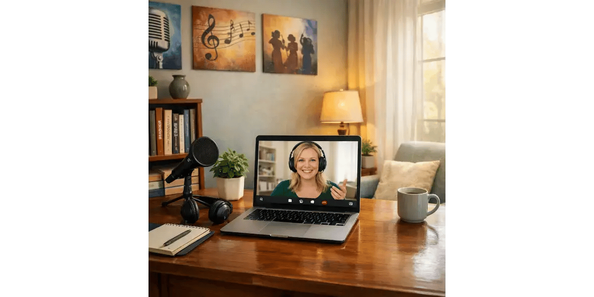 A laptop on a desk displaying a female vocal coach on a video call, representing online singing lessons.