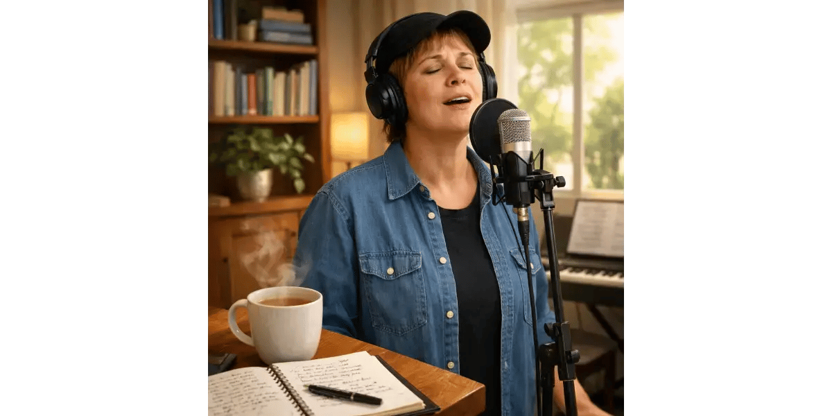 An adult woman confidently singing into a microphone in a home studio, representing how adult singers can overcome stage fright.