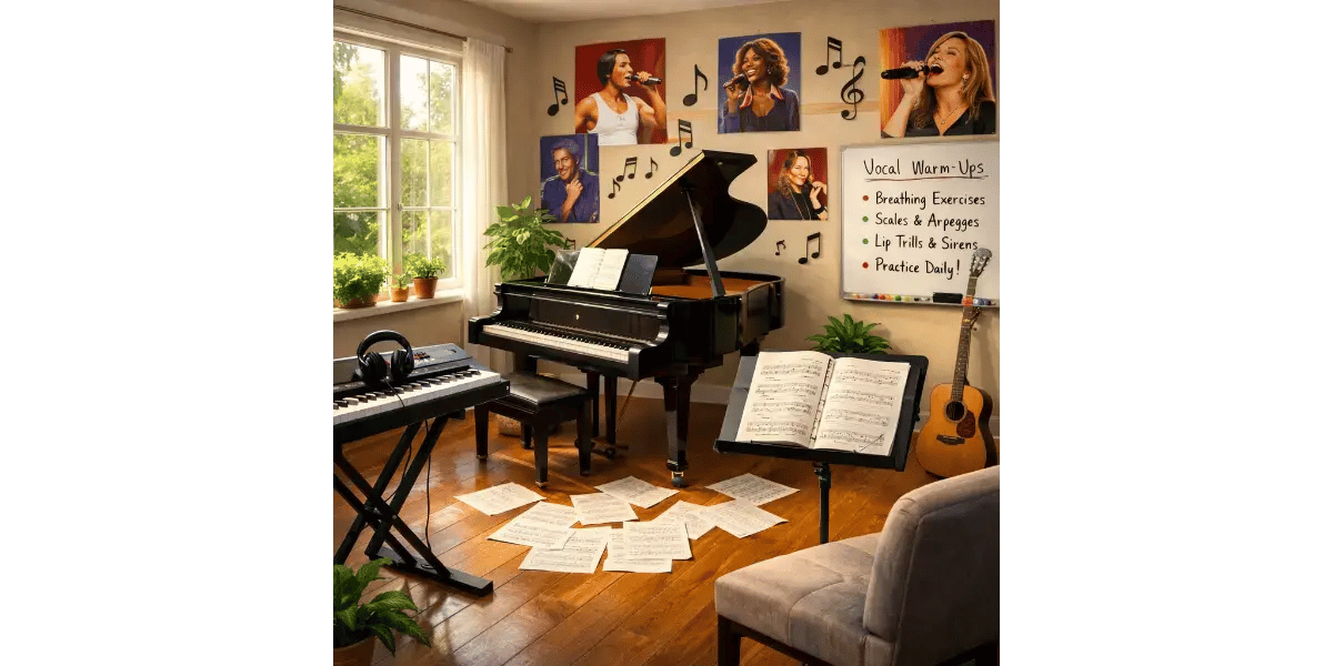 A cozy music room with a grand piano and scattered sheet music, representing how to read music notes for singers.