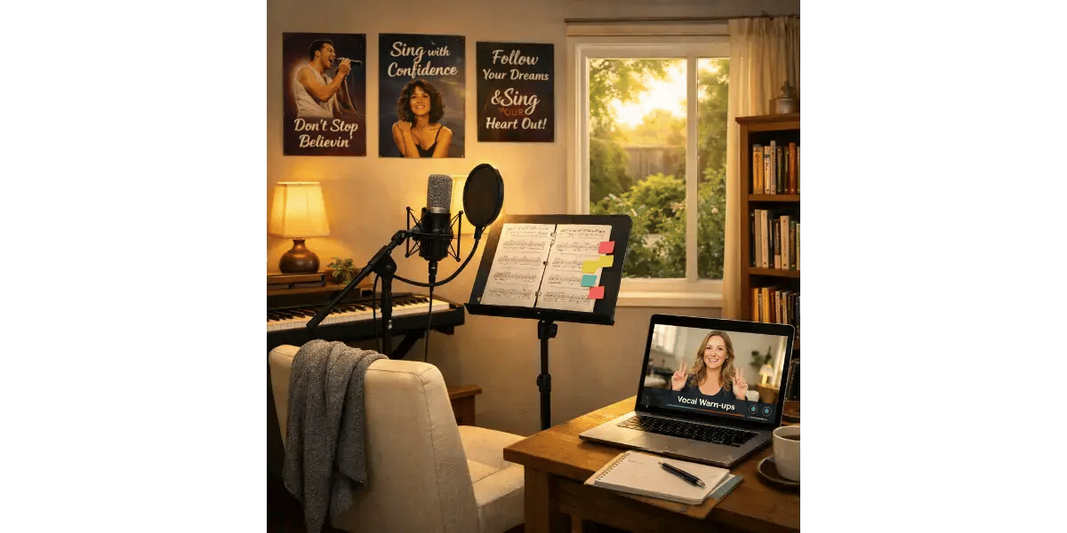 An adult beginner practicing singing with a microphone and computer for an online vocal training program.