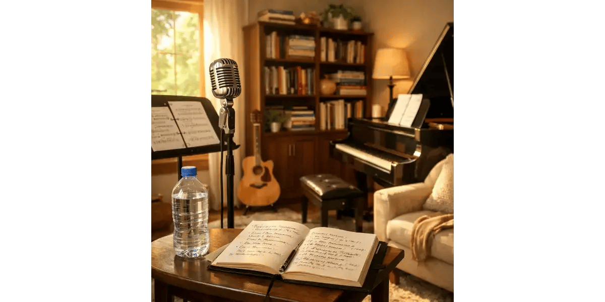Breath support training aids and vocal posture checklist on studio desk