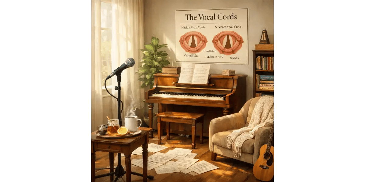 A comfortable vocal studio equipped with a microphone and seating, representing a relaxing environment for voice lessons and vocal care.