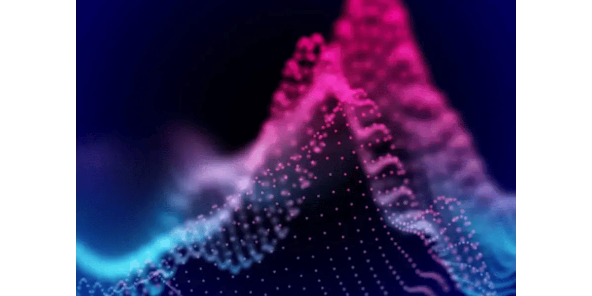 Abstract digital visualization of vibrant pink and blue glowing sound waves on a dark background.