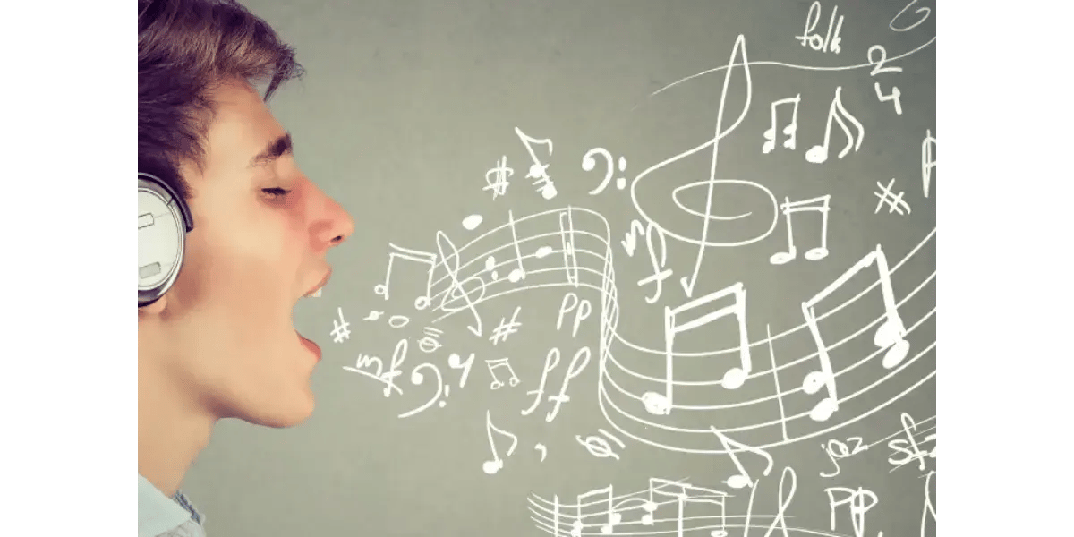 White musical notes and symbols representing vocal technique and diction for singers.