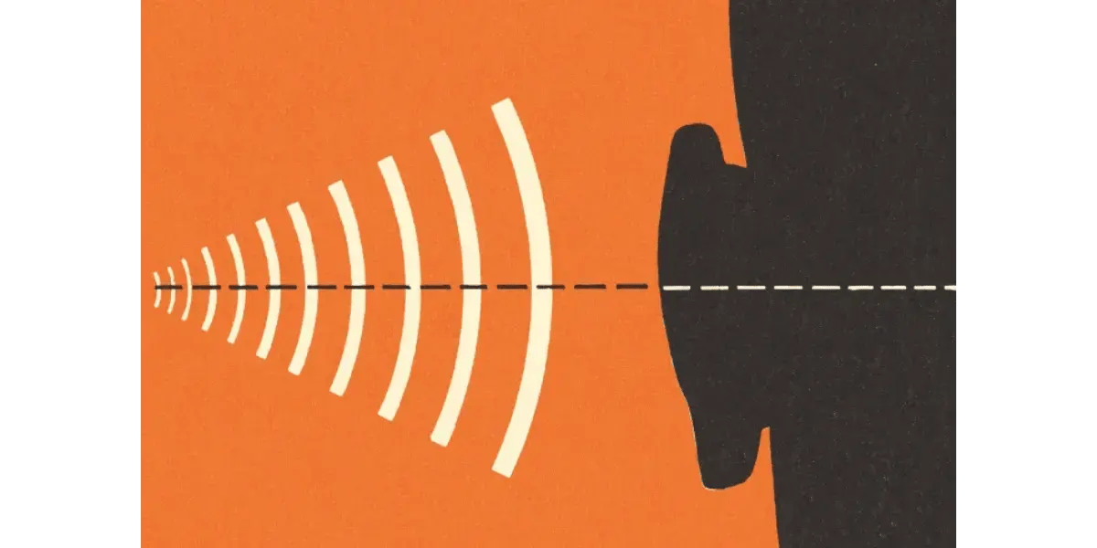 A graphic showing white sound waves radiating from a face silhouette on an orange background, representing the height and direction of a vocal sound beam.