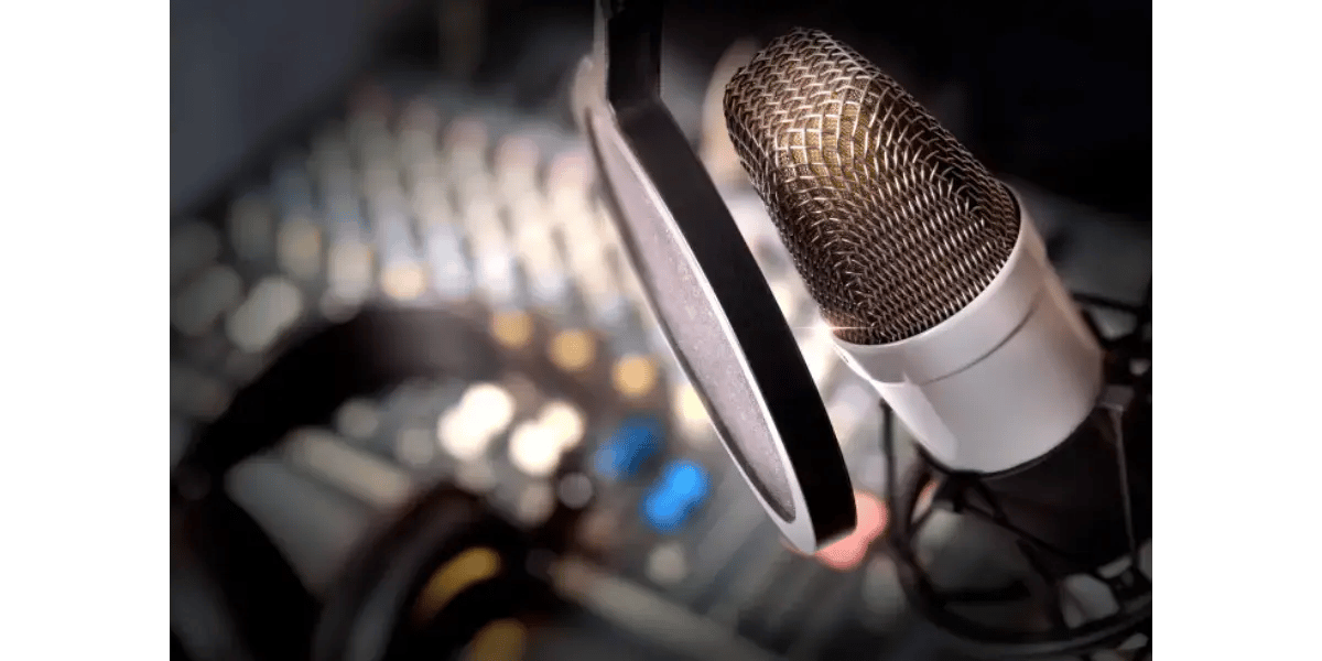 A professional studio microphone used for recording vocals and practicing singing.