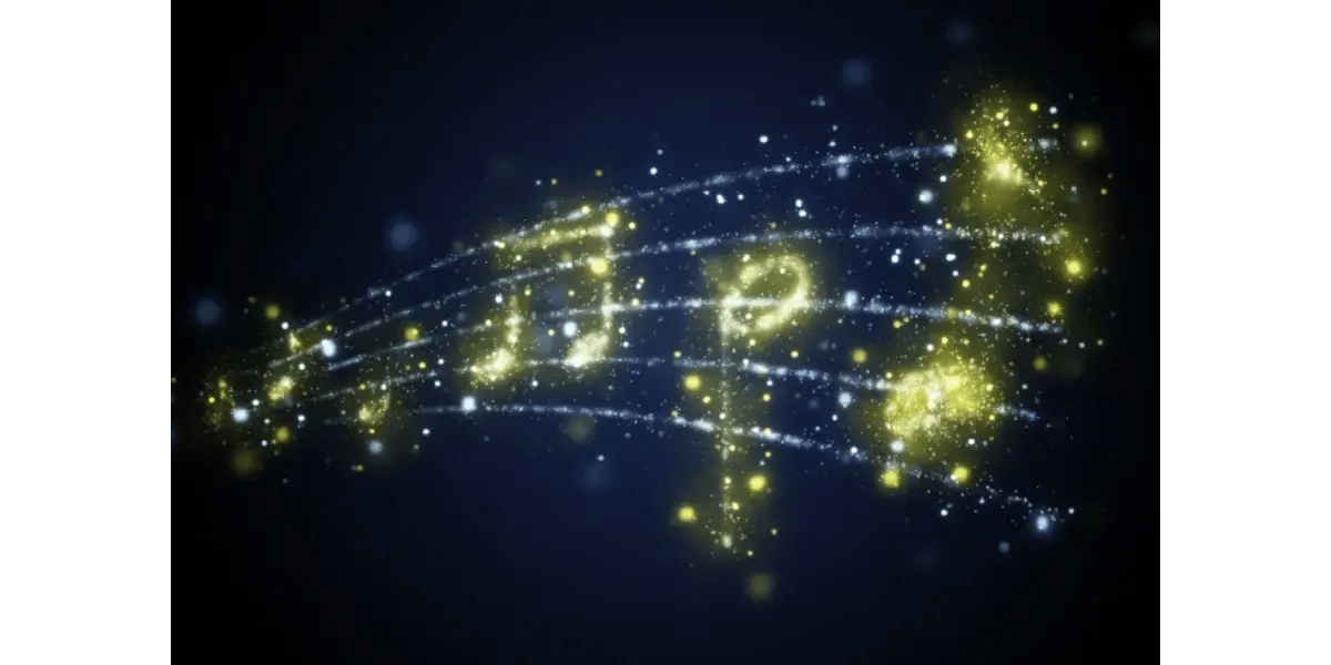Glowing musical notes representing the power of imagination and visualization in singing.