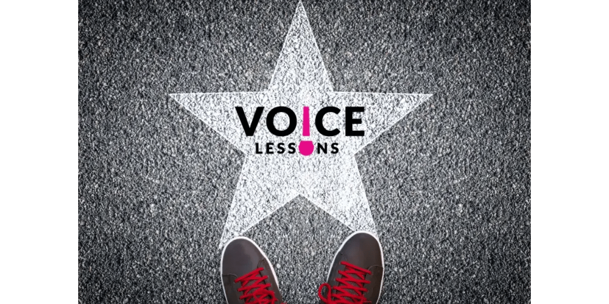 A singer's feet in red sneakers stepping into a stage spotlight, featuring the words "Voice Lessons.