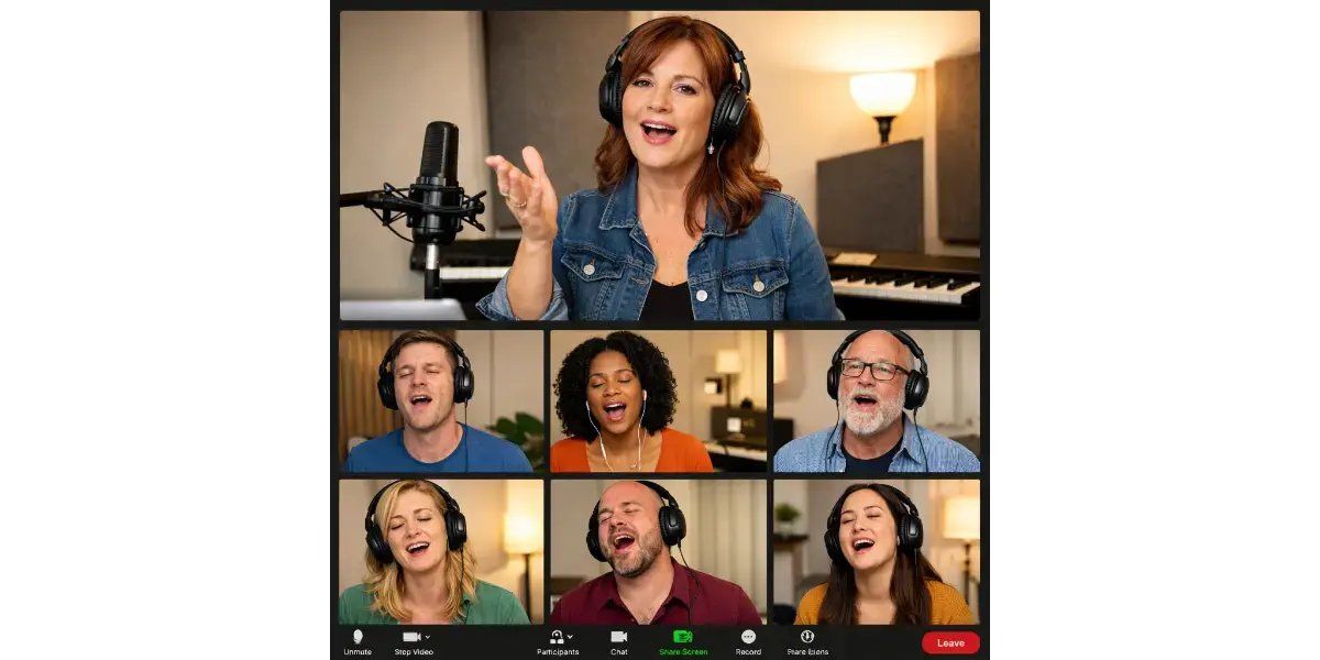 Vocalist performing high-energy pop vocal exercises into a studio condenser mic