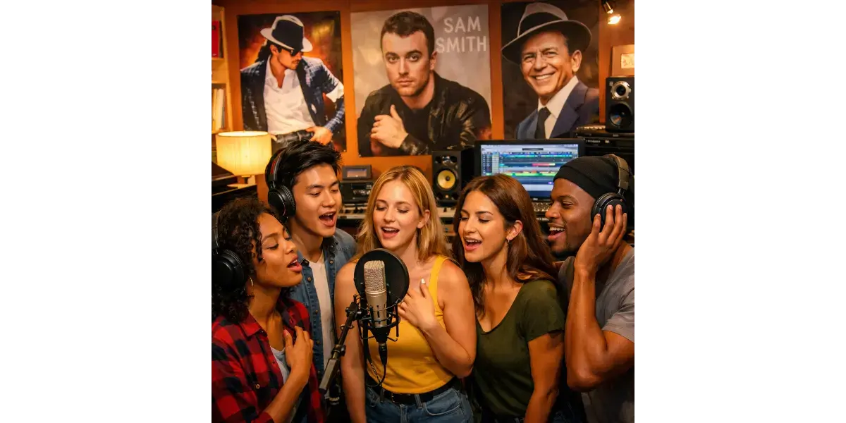 Aspiring vocalists practicing together in a vibrant music studio