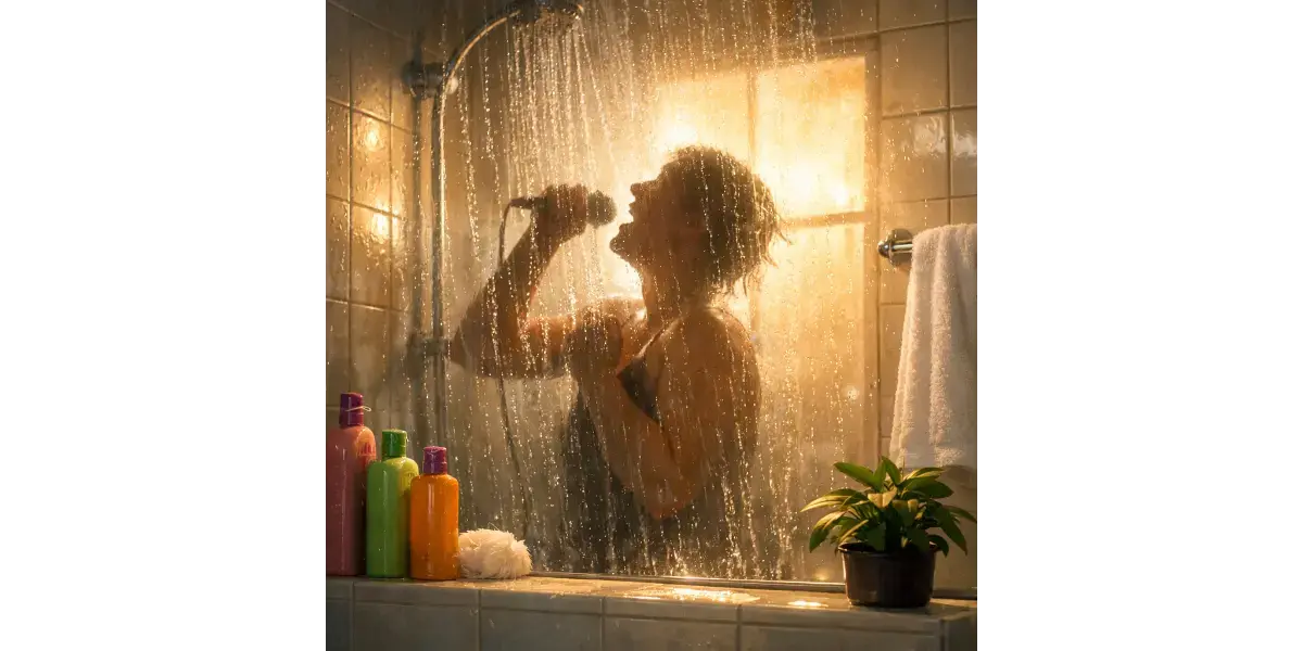 Person singing cheerfully in the shower using a showerhead as a microphone