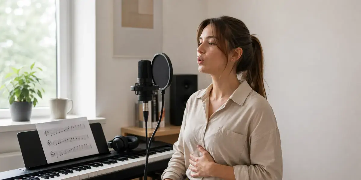 Young woman practicing vocal exercises in a recording studio microphone
