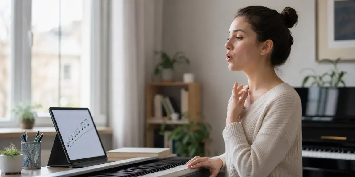 Woman practicing vocal exercises at a desk next to a keyboard