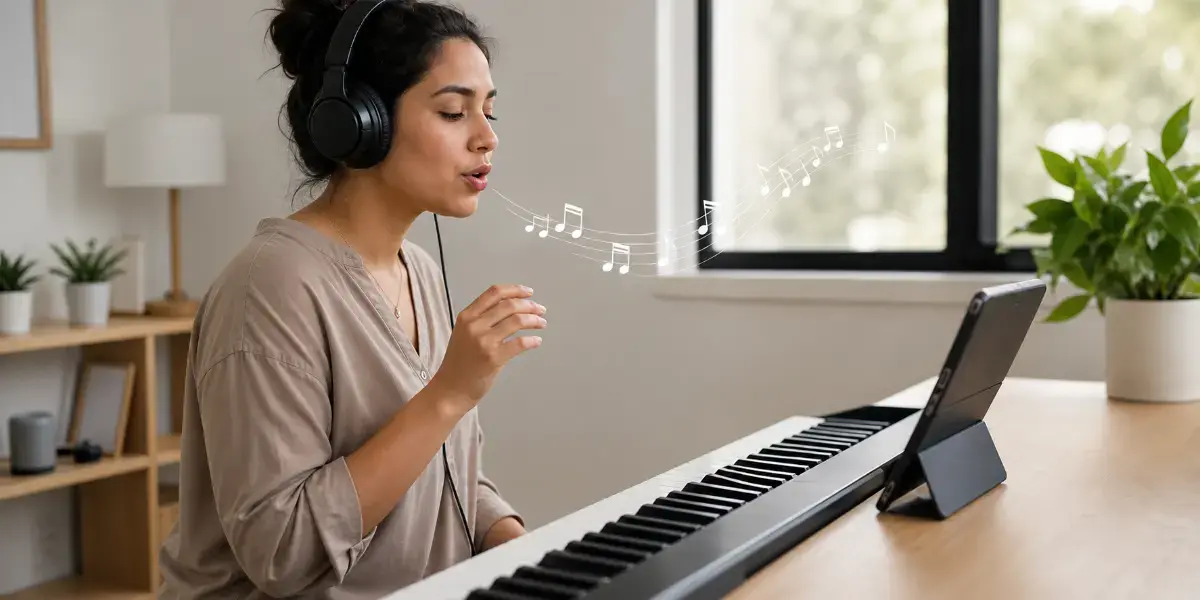 Singer practicing vocal runs at a piano with headphones