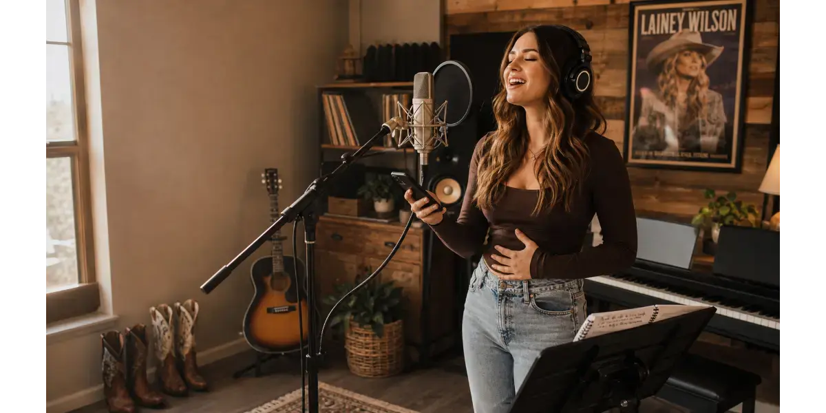 Country singer practicing vocal techniques in a studio setting