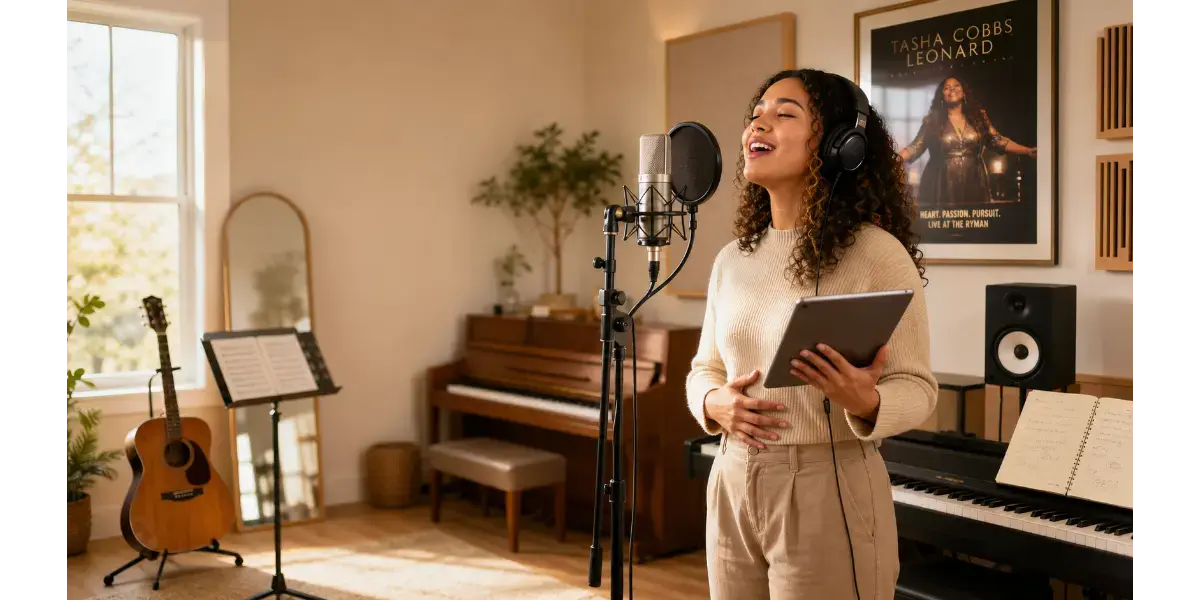 Female singer wearing headphones standing in front of a microphone and music stand in a cozy studio setup
