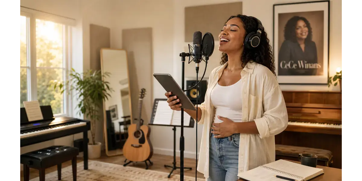 Female singer practicing worship vocals into a microphone in a studio