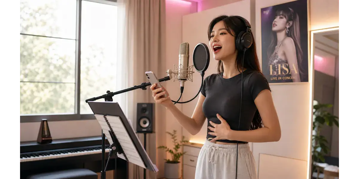 A female vocalist singing into a studio microphone while placing a hand on her stomach to monitor her breathing