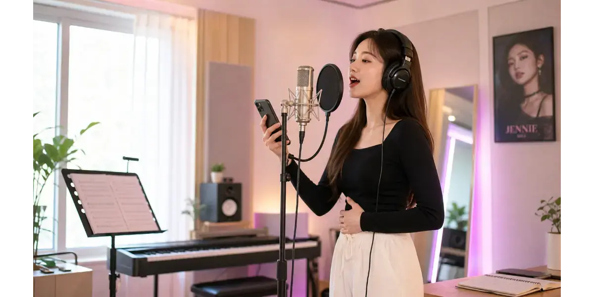 Female singer practicing K-pop vocal technique in a recording studio