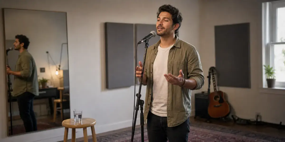Male singer practicing stage presence with a microphone on stand in a music studio