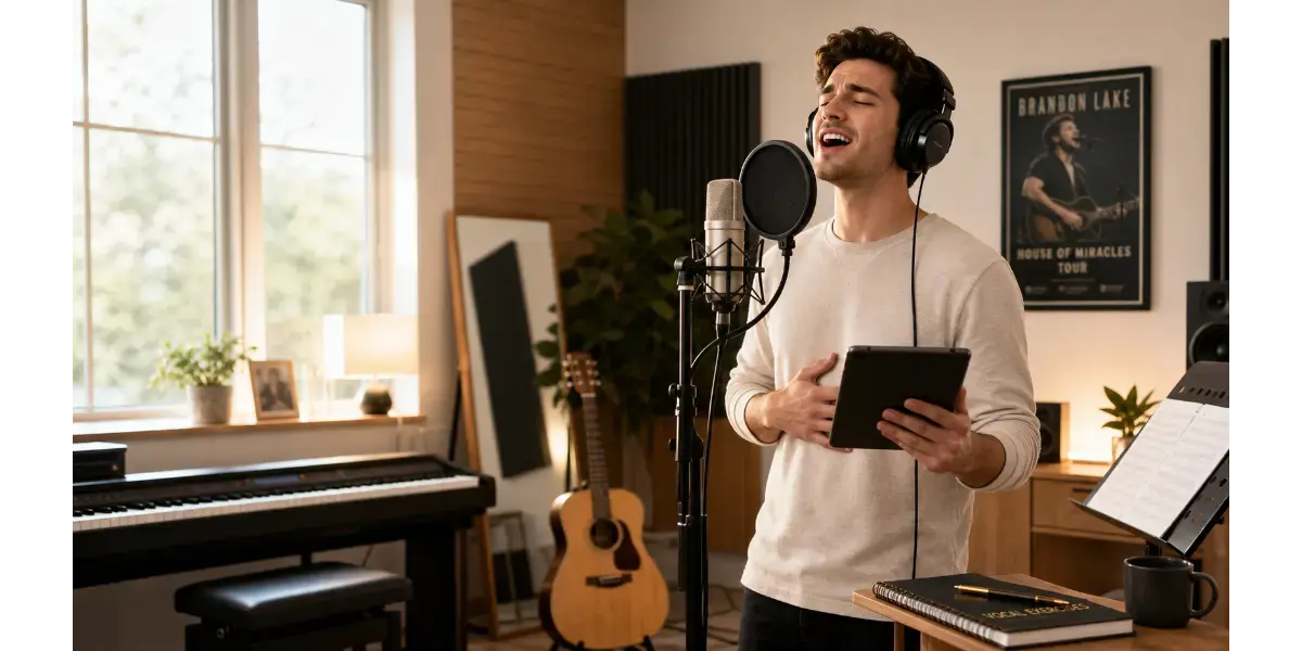 Male worship singer practicing Brandon Lake vocal technique in a recording studio