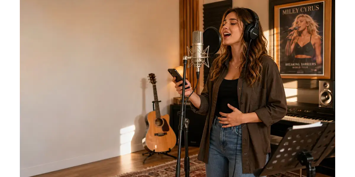 Female singer performing into a microphone in a recording studio