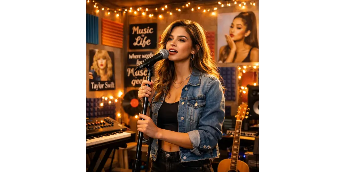 Contemporary pop artist performing in a vibrant recording studio