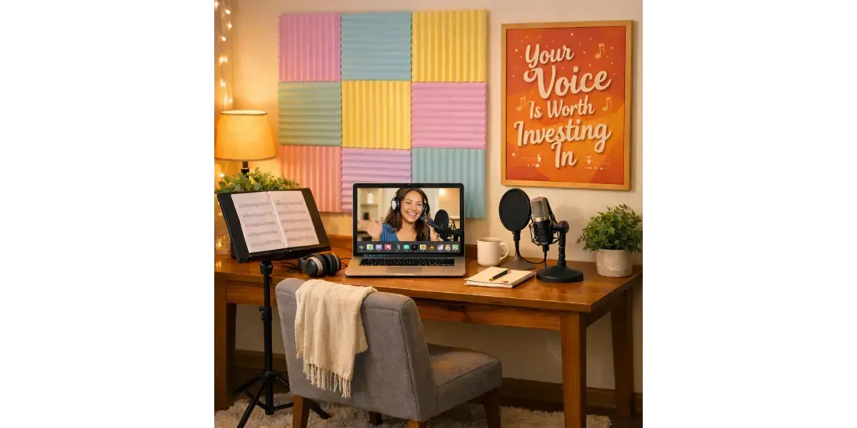 An online singing lesson in progress on a laptop screen, set up in a home recording space with a microphone.