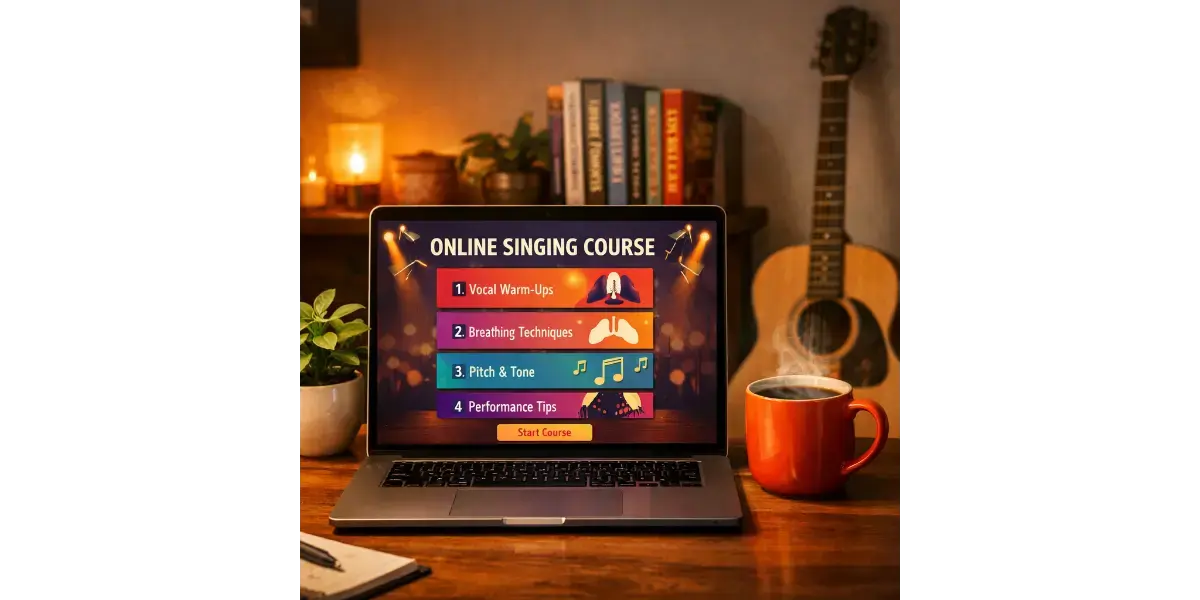 A laptop displaying an online singing course next to an acoustic guitar, representing learning to sing at home.