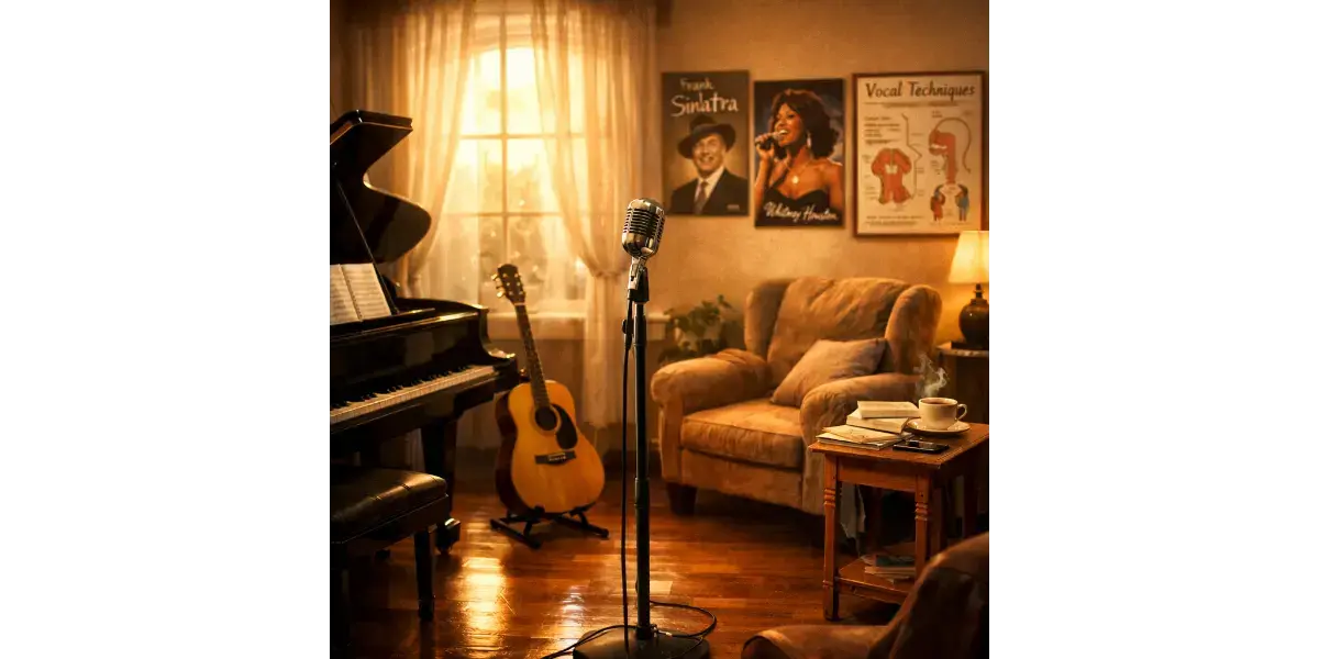 Musician monitoring vocal resonance and tone with professional studio headphones