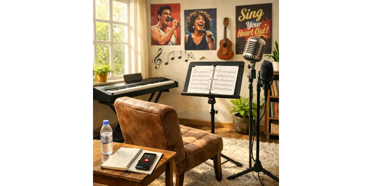 Beginner music studio setup with keyboard, microphone, and music stand for first singing lesson